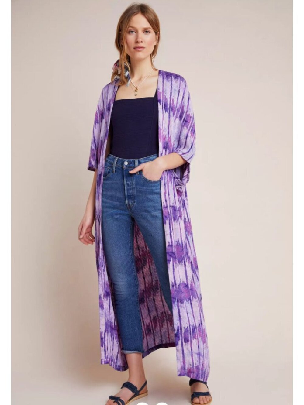 Bel Kazan Sasha Duster Kimono Purple Open Anthropologie One Size OS Tie Dye Boho